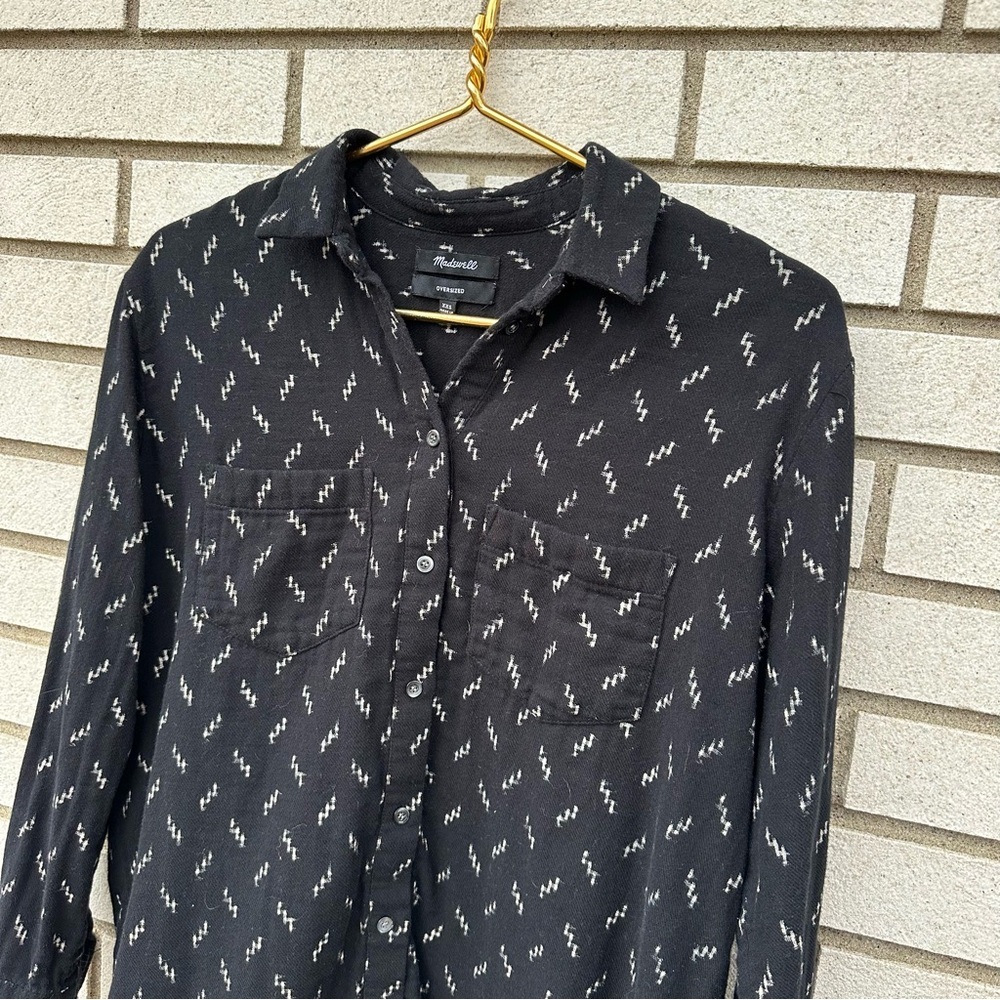Madewell Oversized Ex-Boyfriend Shirt Black Ikat Zig Zag Plaid XXS Indie Sleaze - Picture 4 of 10